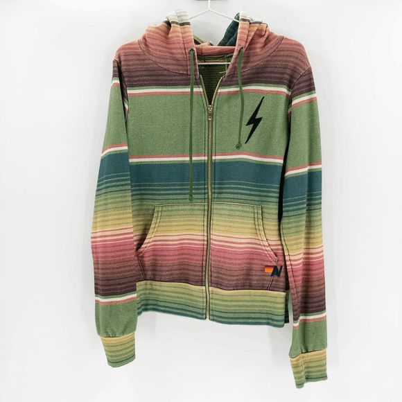 Aviator Nation Tops - Aviator Nation Men's Green Yellow Striped Hoodie Size Small